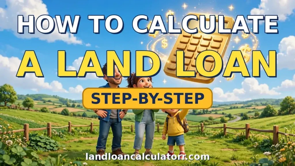 Illustration showing how to calculate a land loan: family on land with a golden calculator