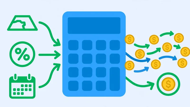 Diagram showing how to calculate a land loan: loan amount, rate and term flowing into a monthly payment