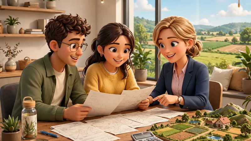 Couple reviewing land loan documents with an agent while learning how to calculate a land loan