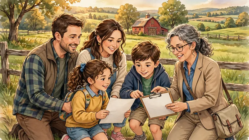 Family reviewing land purchase documents with a real estate agent on farmland before using a land loan calculator