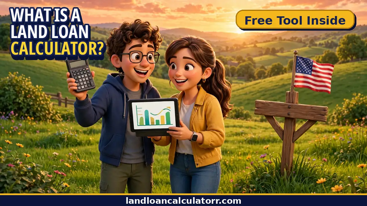 What is a land loan calculator — couple estimating monthly land loan payments with a calculator and tablet on their land